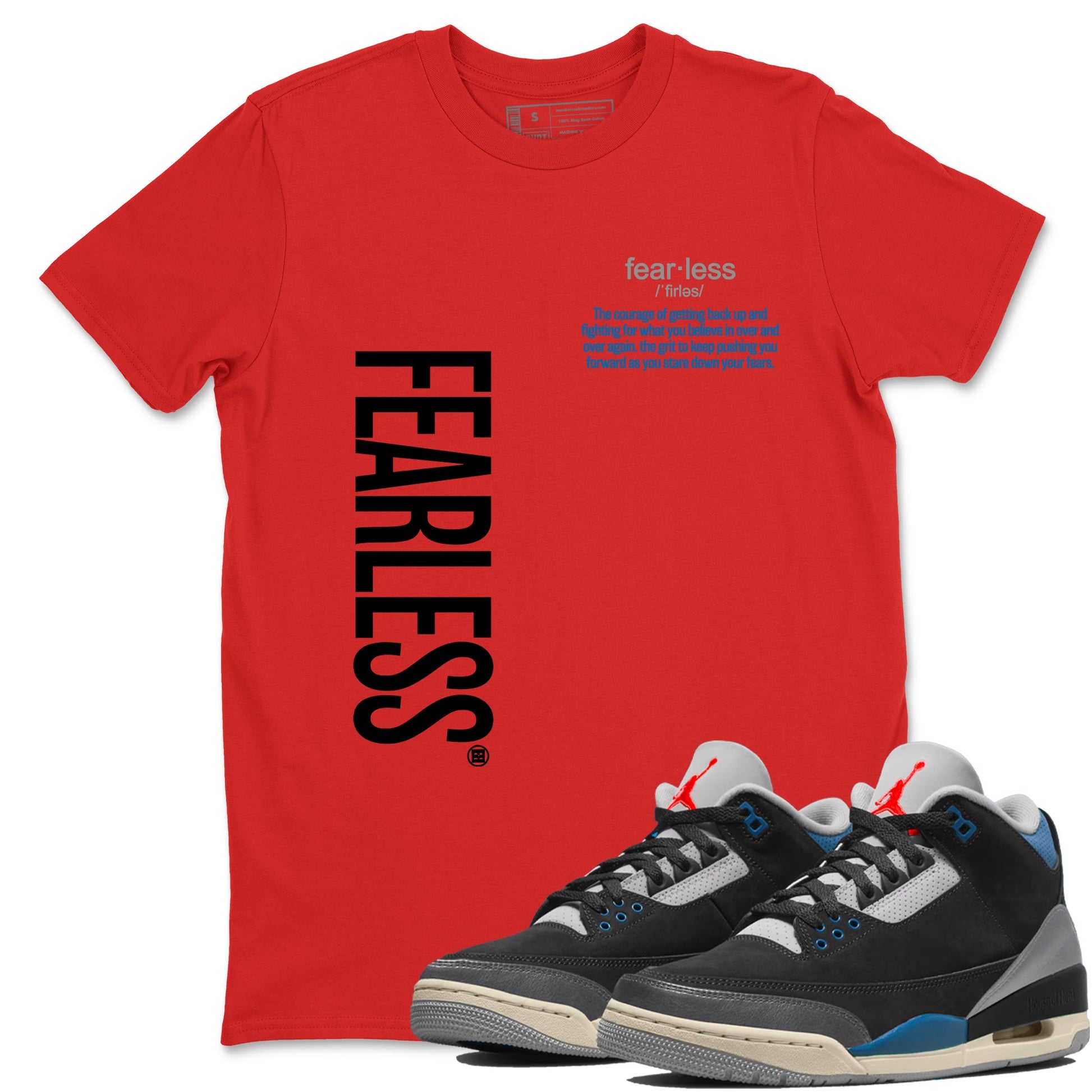 Fearless Definition sneaker match t-shirt styled to complete your fit with the Air Jordan 3 Rare Air sneakers, shown in Red 1.