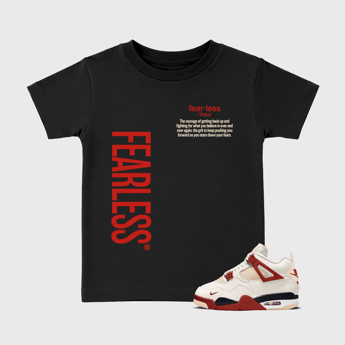 Fearless Definition affordable baby and kids t-shirt designed to match the Air Jordan 4 Brick After Brick, featuring coordinated Black 1 options for the perfect little sneakerhead streetwear look.