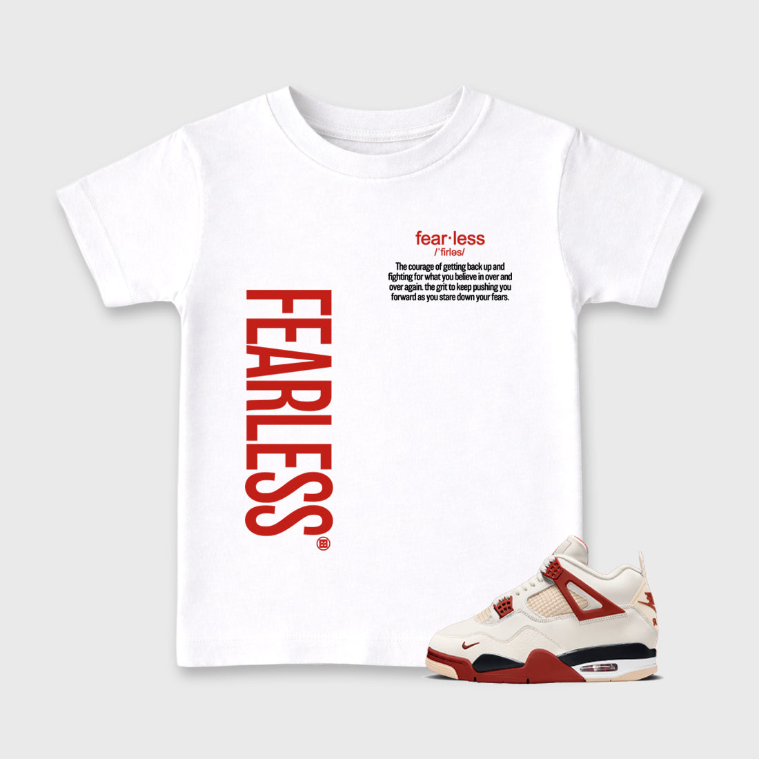 Fearless Definition affordable baby and kids t-shirt designed to match the Air Jordan 4 Brick After Brick, featuring coordinated White 1 options for the perfect little sneakerhead streetwear look.