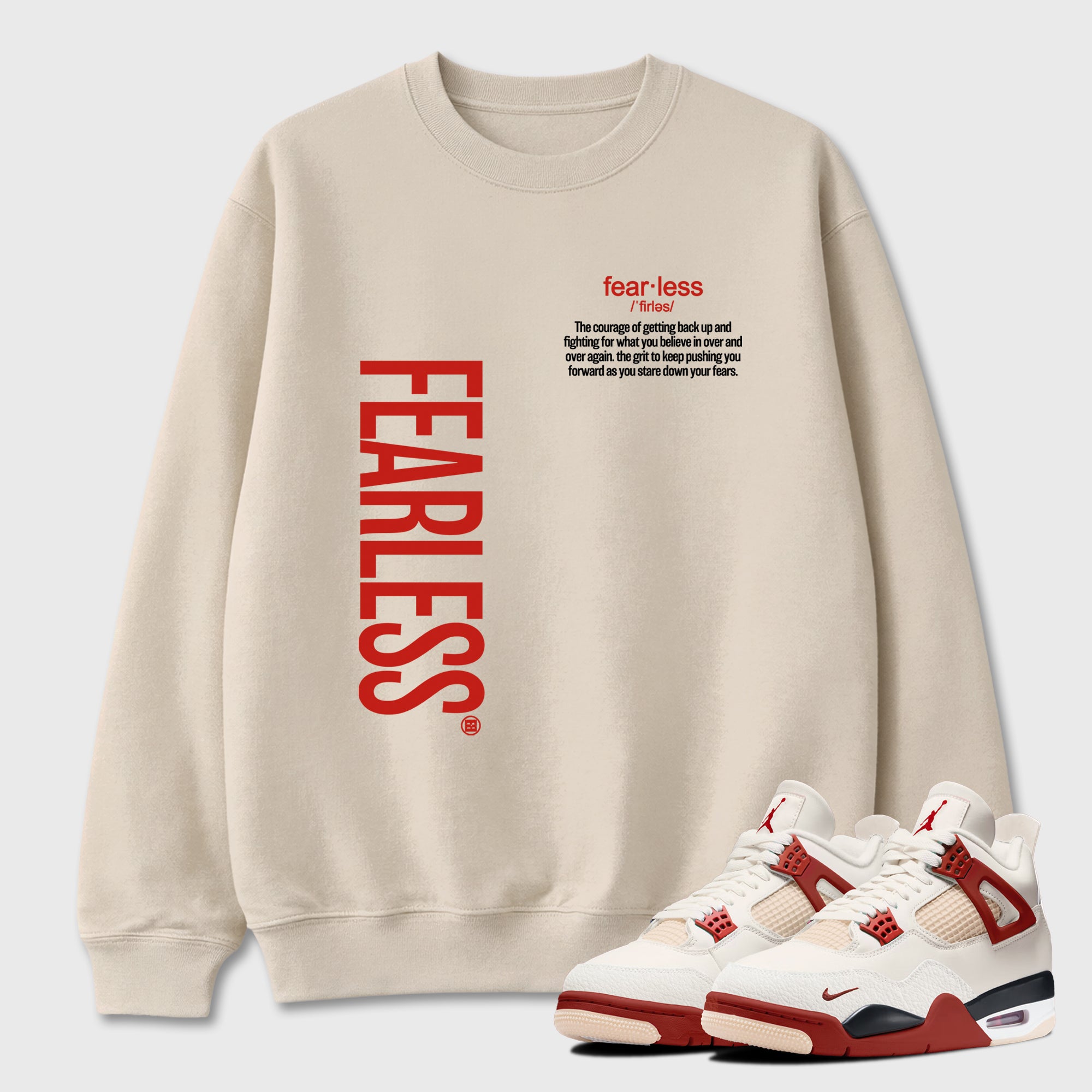 Fearless Definition Graphic T-Shirt sneaker match tee designed for the Air Jordan 4 Brick After Brick, featuring coordinated color options for a perfect streetwear match. Natural 1 shirt.