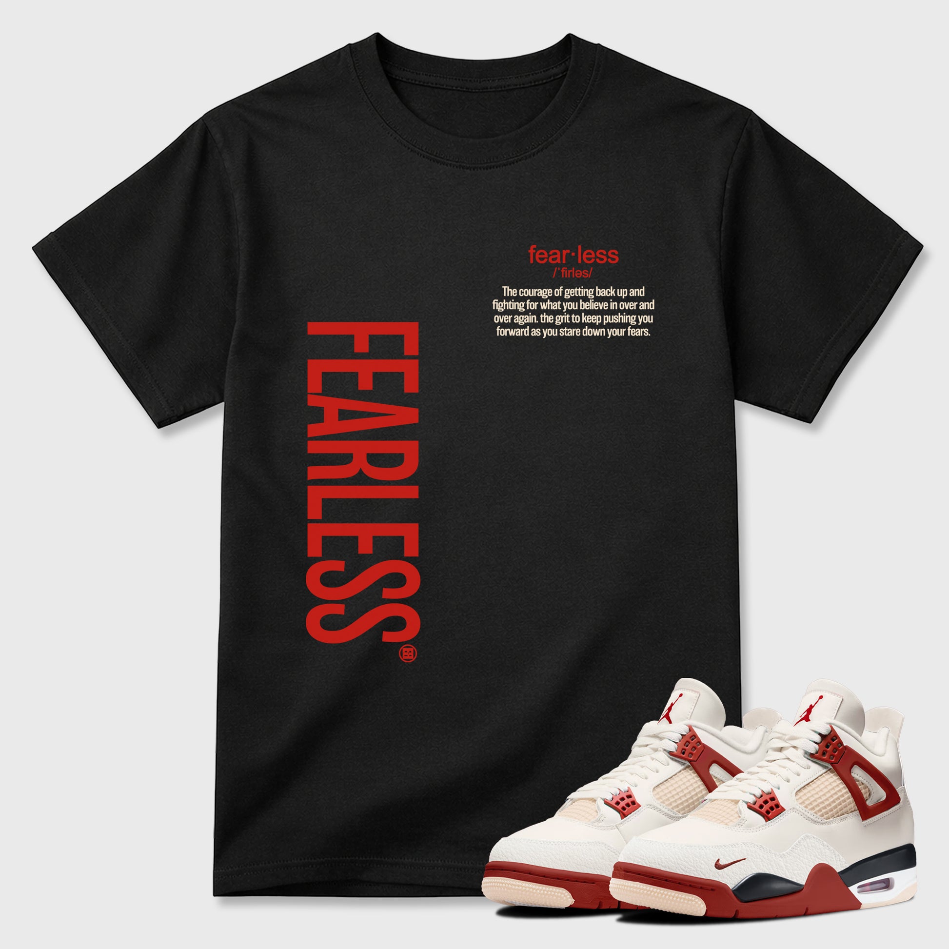 Fearless Definition Graphic T-Shirt sneaker match tee designed for the Air Jordan 4 Brick After Brick, featuring coordinated color options for a perfect streetwear match. Black 1 shirt.