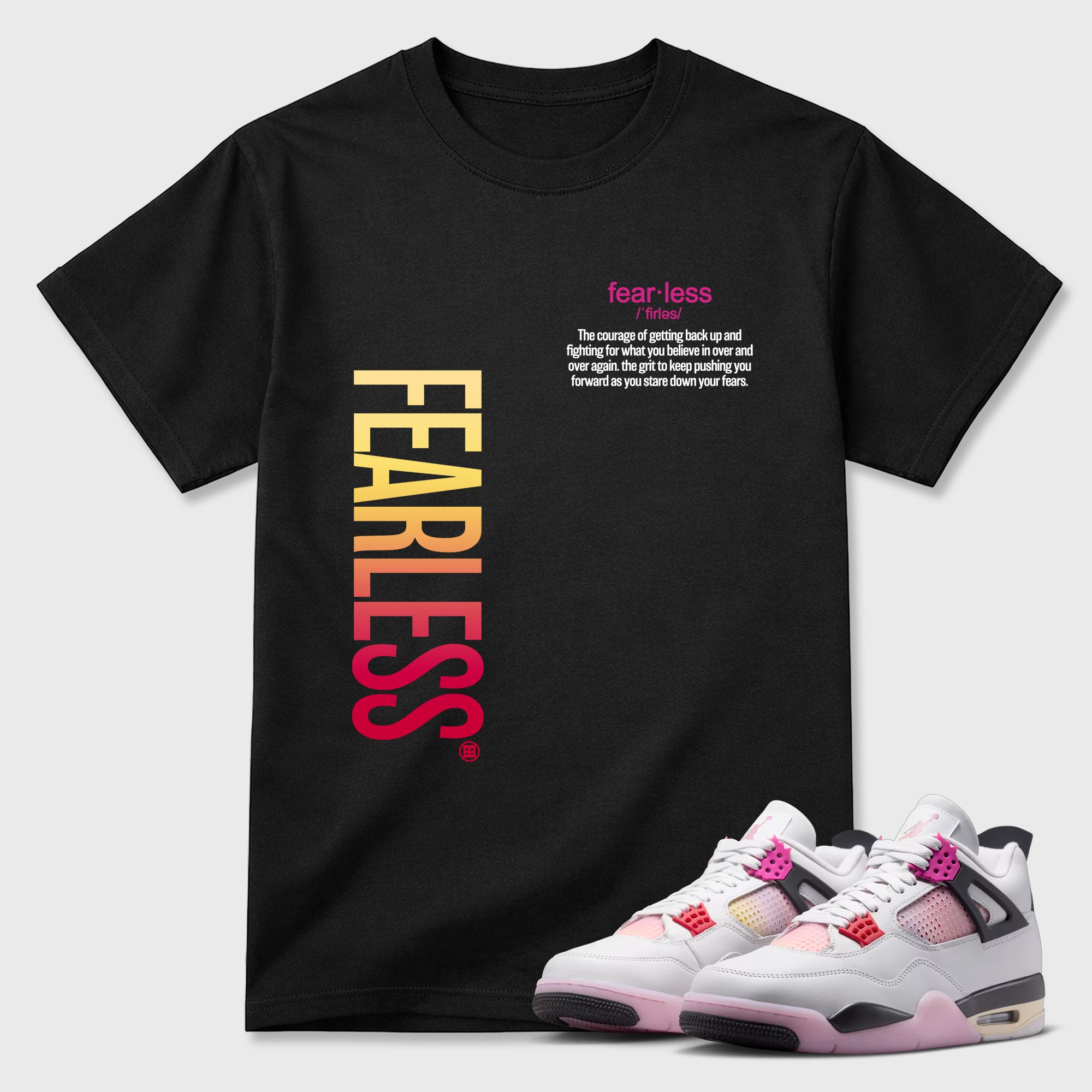 Fearless Definition Graphic T-Shirt featuring original streetwear artwork designed to match the Air Jordan 4 Comic. Black 1 Graphic T-Shirt.