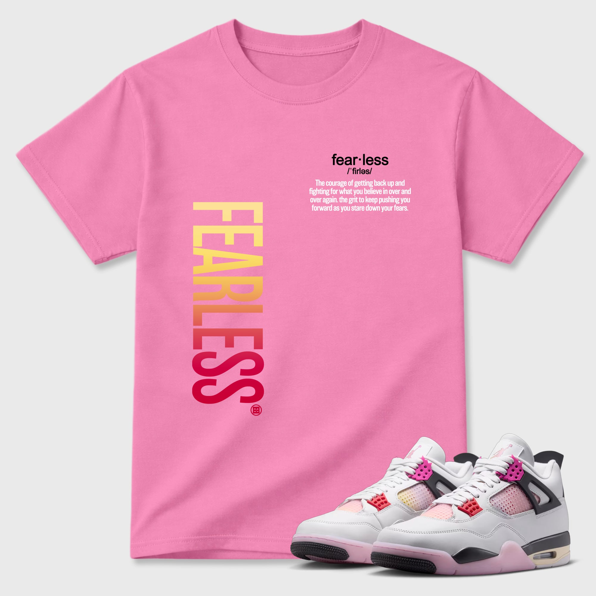 Fearless Definition Graphic T-Shirt featuring original streetwear artwork designed to match the Air Jordan 4 Comic. Bubble Gum 1 Graphic T-Shirt.