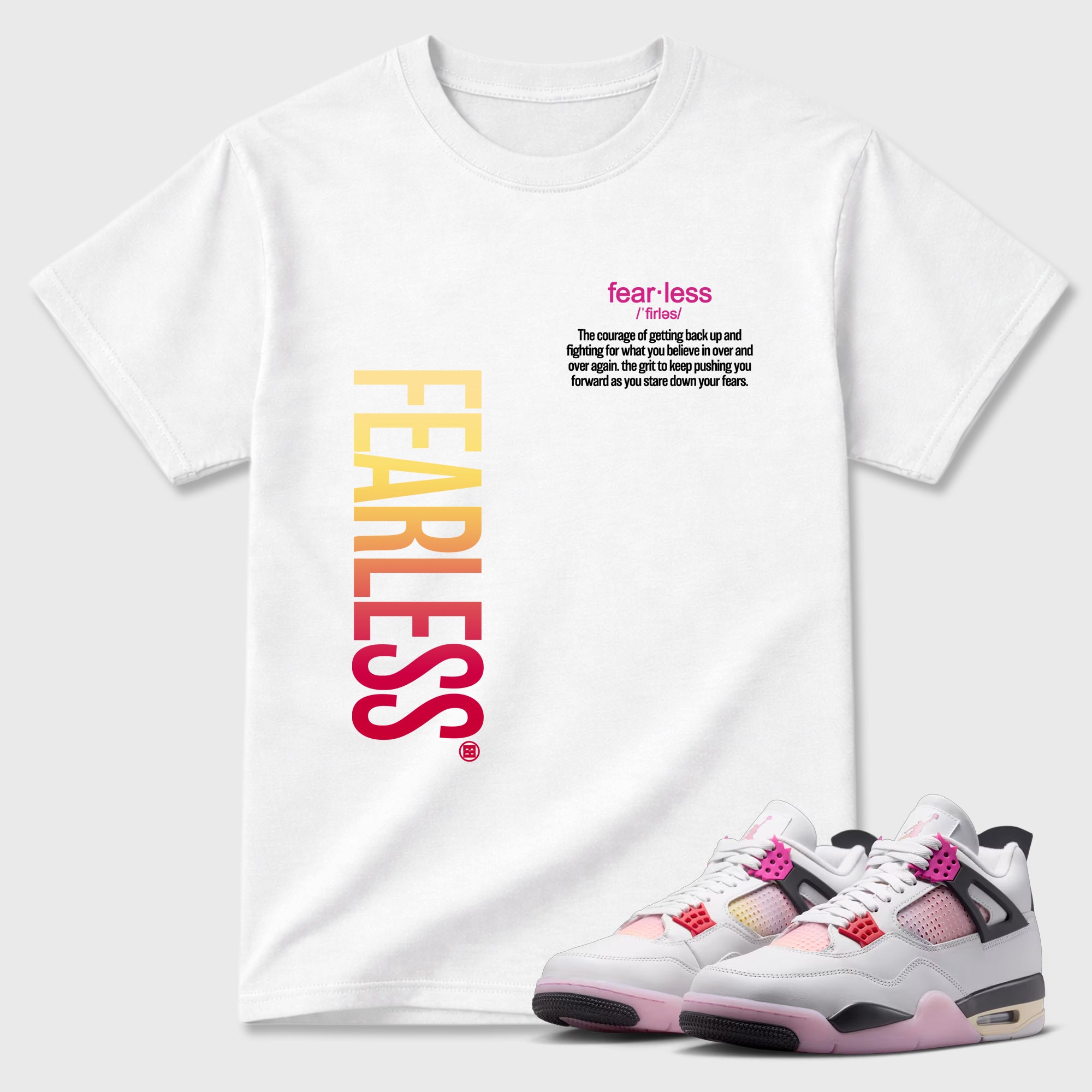 Fearless Definition Graphic T-Shirt featuring original streetwear artwork designed to match the Air Jordan 4 Comic. White 1 Graphic T-Shirt.