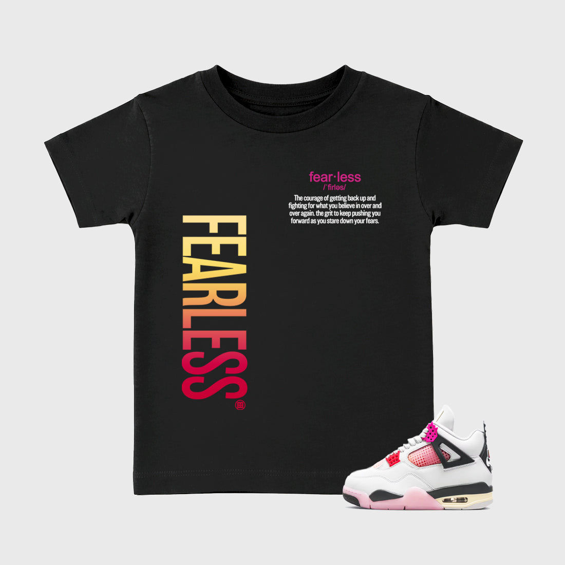 Fearless Definition Baby & Kids Graphic T-Shirt featuring original artwork designed to match the Air Jordan 4 Comic. Black 1 Kids Graphic Tee.