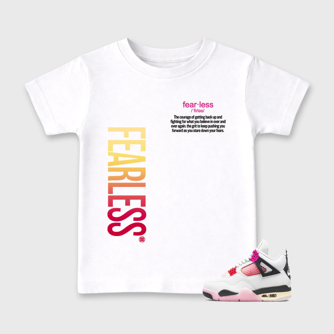 Fearless Definition Baby & Kids Graphic T-Shirt featuring original artwork designed to match the Air Jordan 4 Comic. White 1 Kids Graphic Tee.