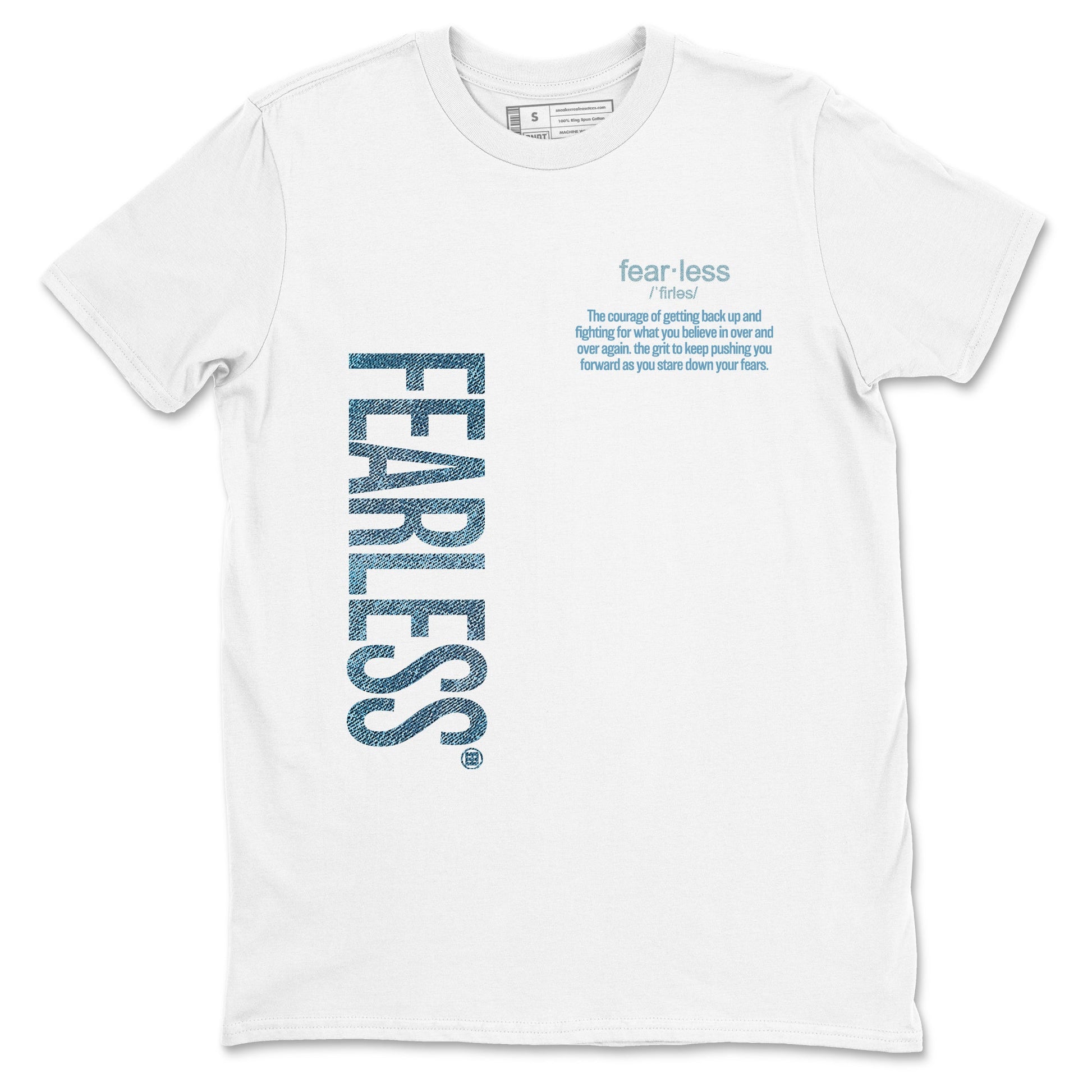 Sneaker match tees – Sneaker Tees To Match 4s Worn Blue Air Jordan 4 Denim Shoes – Fearless Definition Tee White 2