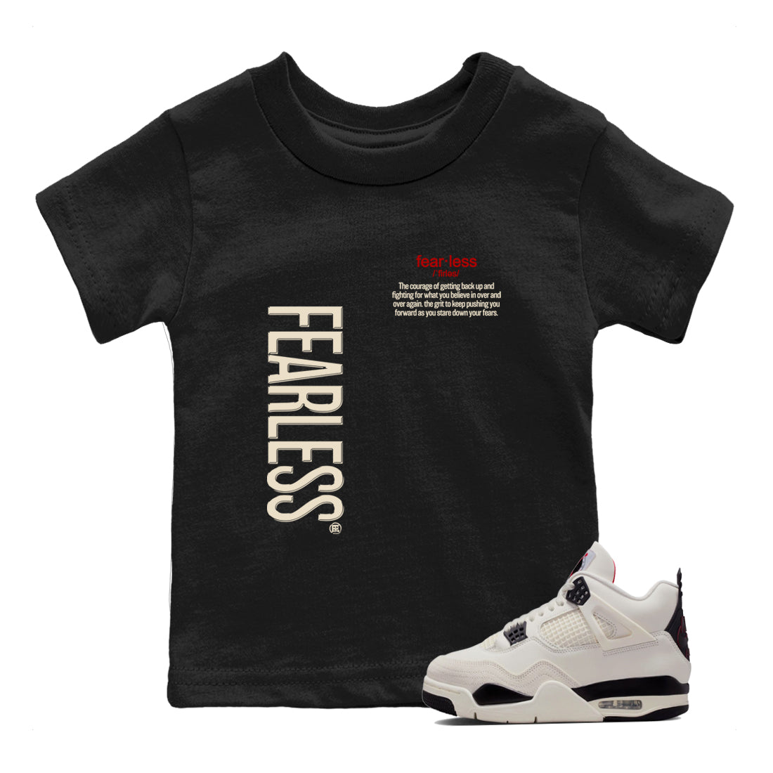Sneaker match tees – Sneaker Tees To Match Air Jordan 4 Flight Club Shoes – Fearless Definition Kids T-Shirt Black 1