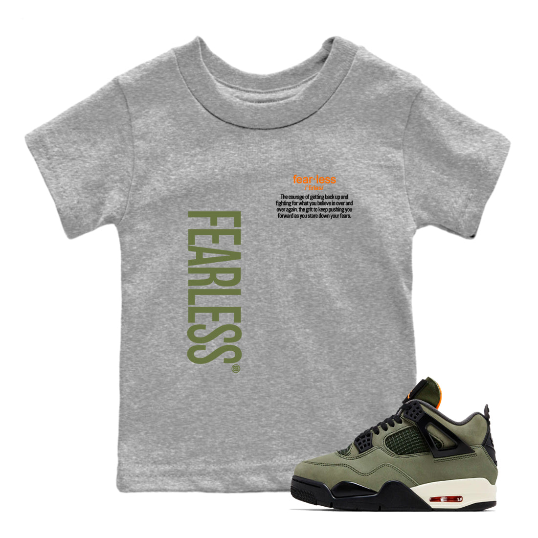 Sneaker match tees – Sneaker Tees To Match Undefeated inspired colorways Air Jordan 4 OG Olive Shoes  – Fearless Definition Kids T-Shirt Heather Grey 1