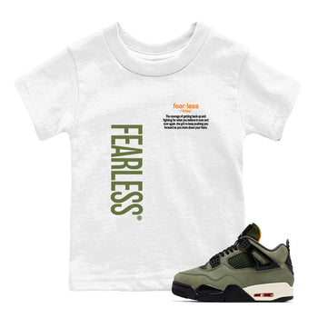 Sneaker match tees – Sneaker Tees To Match Undefeated inspired colorways Air Jordan 4 OG Olive Shoes  – Fearless Definition Kids T-Shirt White 1