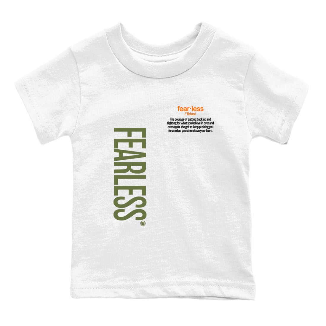 Sneaker match tees – Sneaker Tees To Match Undefeated inspired colorways Air Jordan 4 OG Olive Shoes  – Fearless Definition Kids T-Shirt White 2
