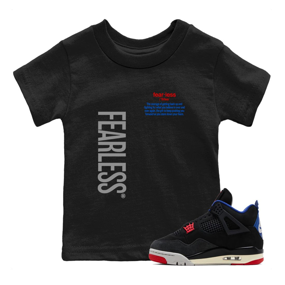 Sneaker match tees – Sneaker Tees To Match Jordan 4 Retro Rare Air Shoes – Fearless Definition Kids T-Shirt Black 1