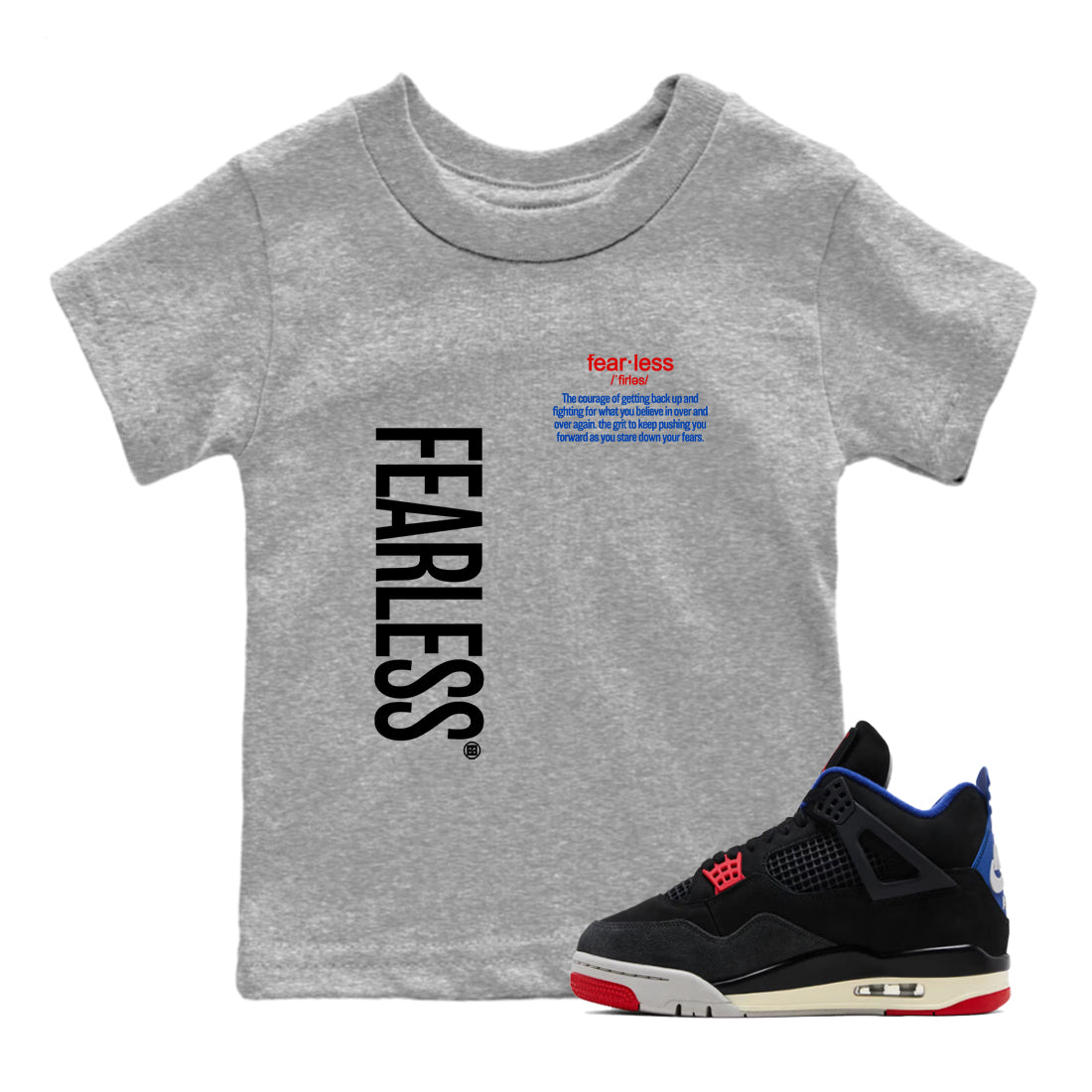 Sneaker match tees – Sneaker Tees To Match Jordan 4 Retro Rare Air Shoes – Fearless Definition Kids T-Shirt Heather Grey 1