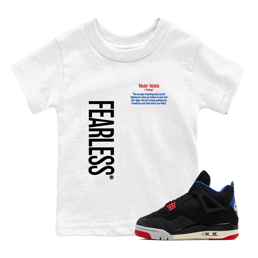 Sneaker match tees – Sneaker Tees To Match Jordan 4 Retro Rare Air Shoes – Fearless Definition Kids T-Shirt White 1