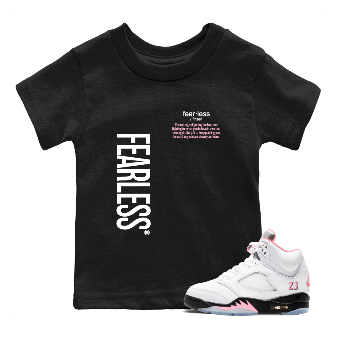 Fearless Definition baby and kids t-shirt crafted for little sneakerheads to shine with the Air Jordan 5 35th Anniversary sneakers, displayed in Black 1.