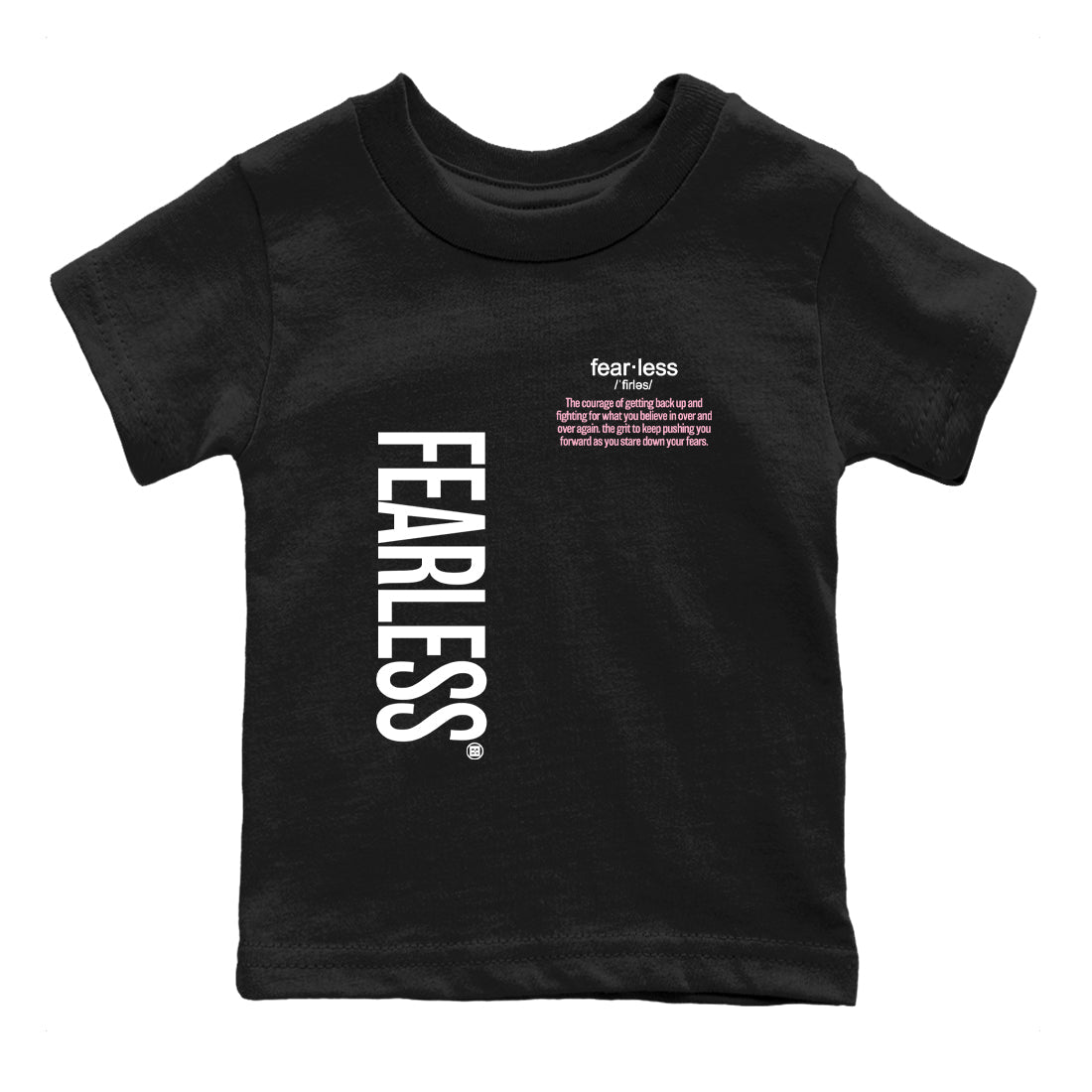 Fearless Definition baby and kids t-shirt crafted for little sneakerheads to shine with the Air Jordan 5 35th Anniversary sneakers, displayed in Black 2.