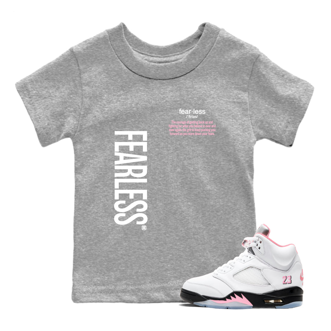 Fearless Definition baby and kids t-shirt crafted for little sneakerheads to shine with the Air Jordan 5 35th Anniversary sneakers, displayed in Heather Grey 1.