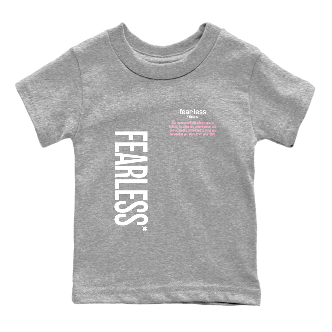 Fearless Definition baby and kids t-shirt crafted for little sneakerheads to shine with the Air Jordan 5 35th Anniversary sneakers, displayed in Heather Grey 2.
