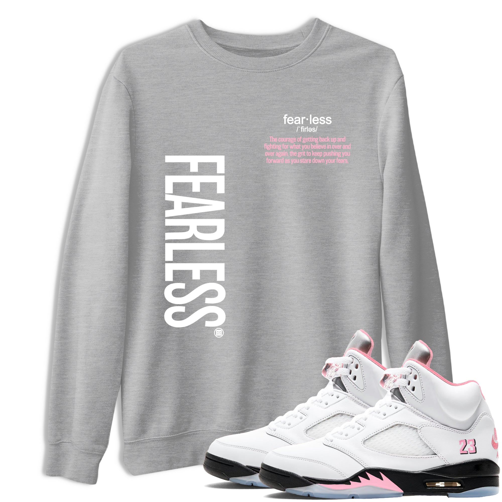 Fearless Definition sneaker match t-shirt styled to complete your fit with the Air Jordan 5 35th Anniversary sneakers, shown in Heather Grey 1.