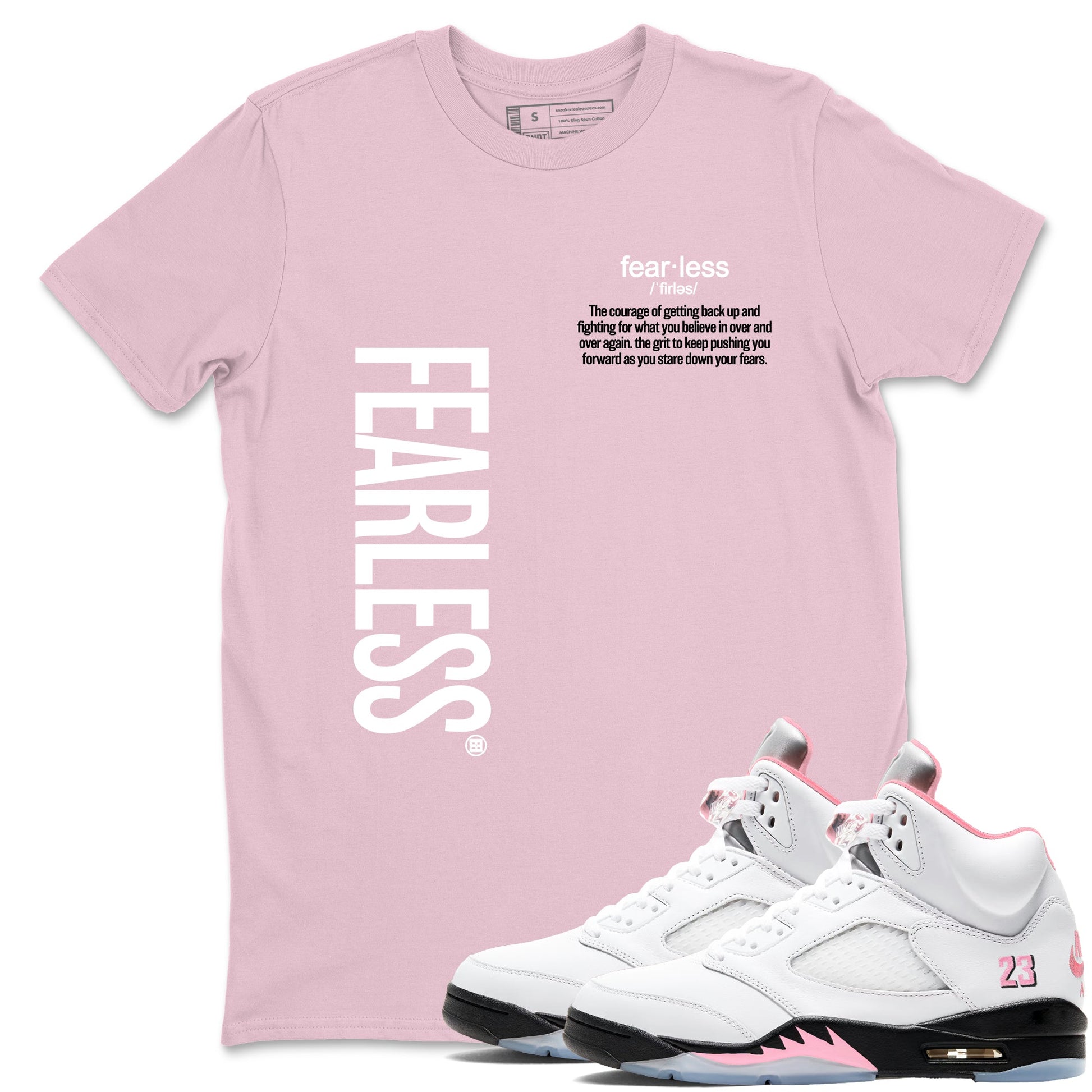 Fearless Definition sneaker match t-shirt styled to complete your fit with the Air Jordan 5 35th Anniversary sneakers, shown in Pink 1.