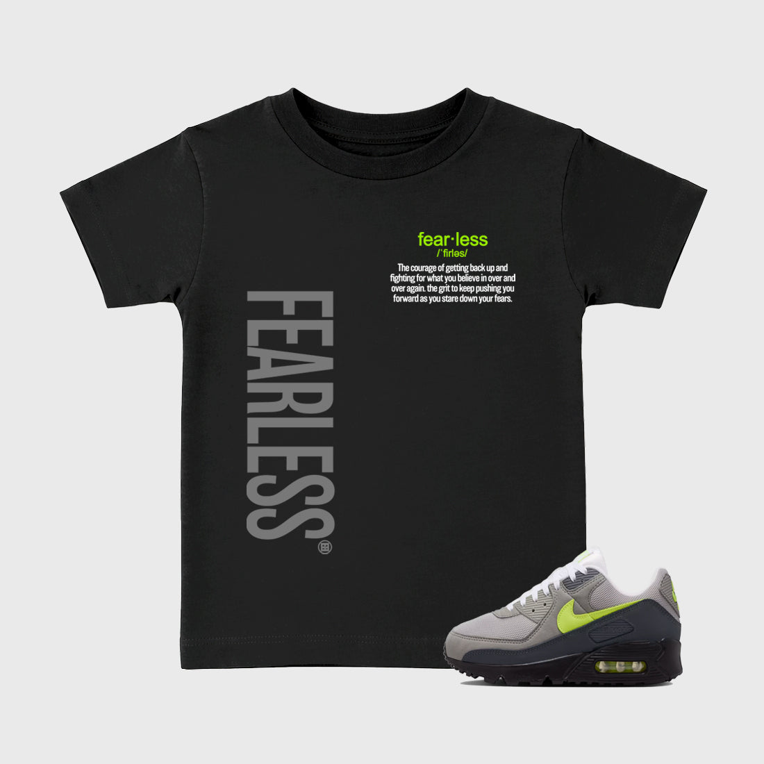 Sneaker match tees – Sneaker Tees To Match Air Max 90 Neon Yellow Shoes – Fearless Definition Kids T-Shirt Black 1