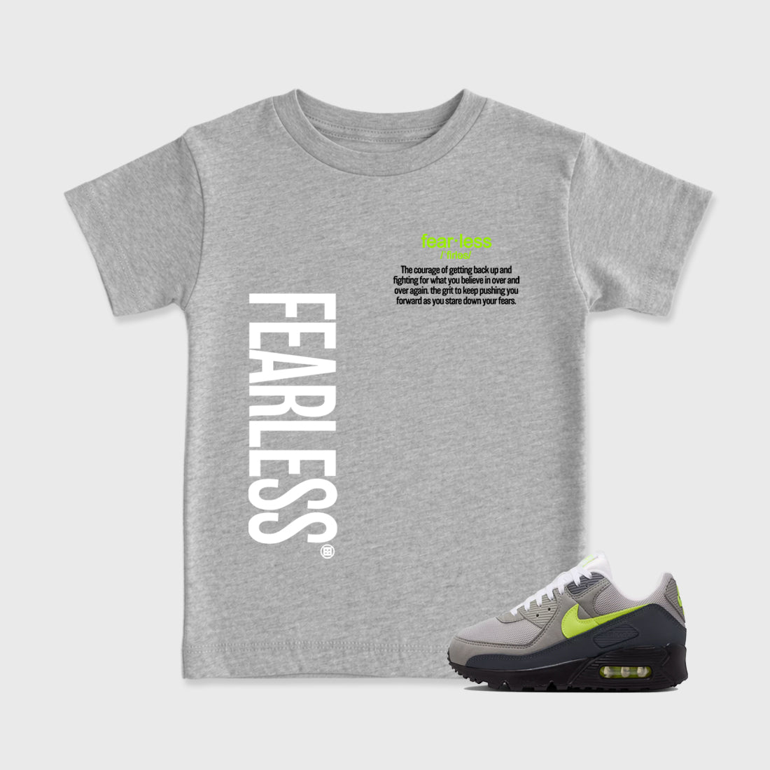 Sneaker match tees – Sneaker Tees To Match Air Max 90 Neon Yellow Shoes – Fearless Definition Kids T-Shirt Heather Grey 1