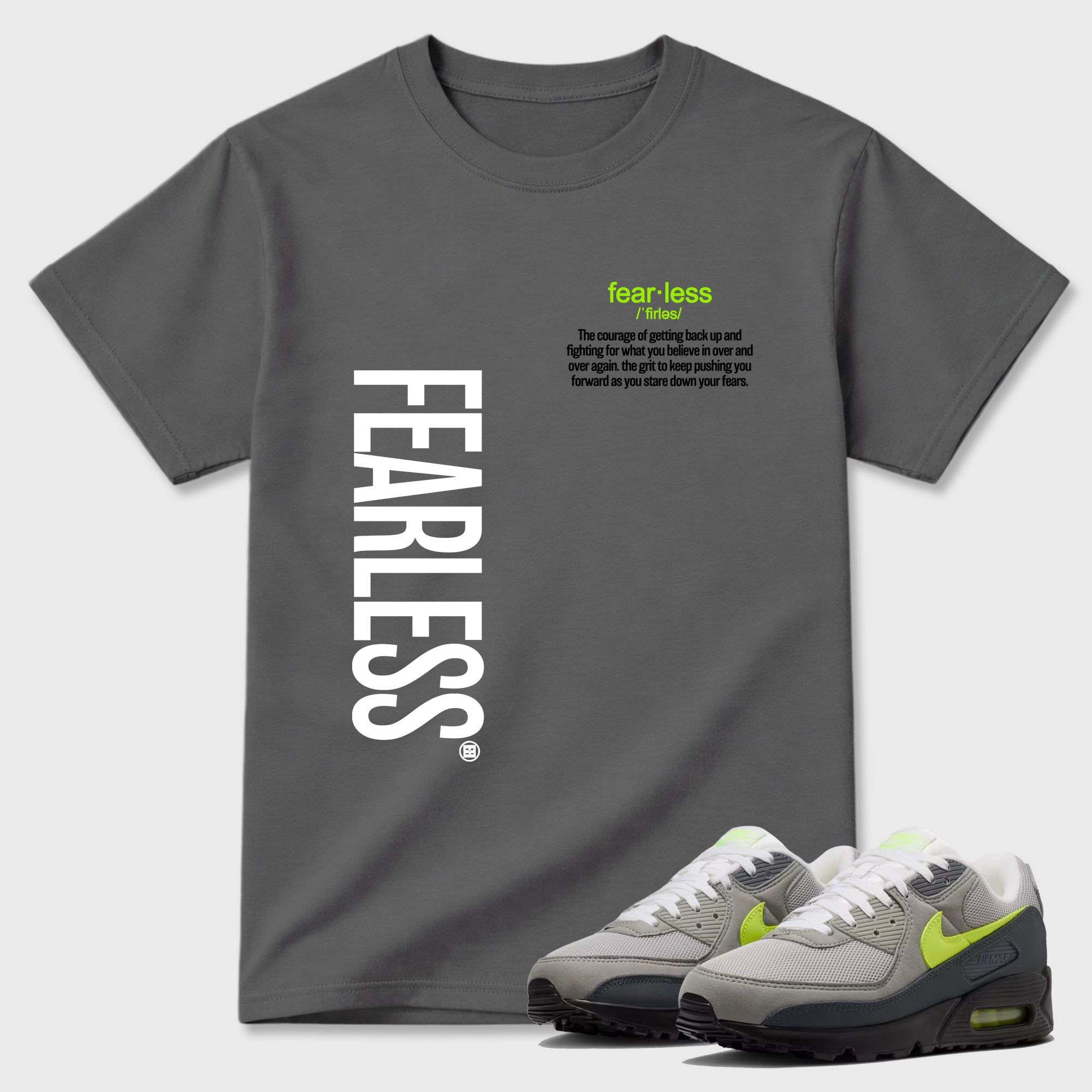 Sneaker match tees – Sneaker Tees To Match Air Max 90 Neon Yellow Shoes – Fearless Definition Tee Cool Grey 1