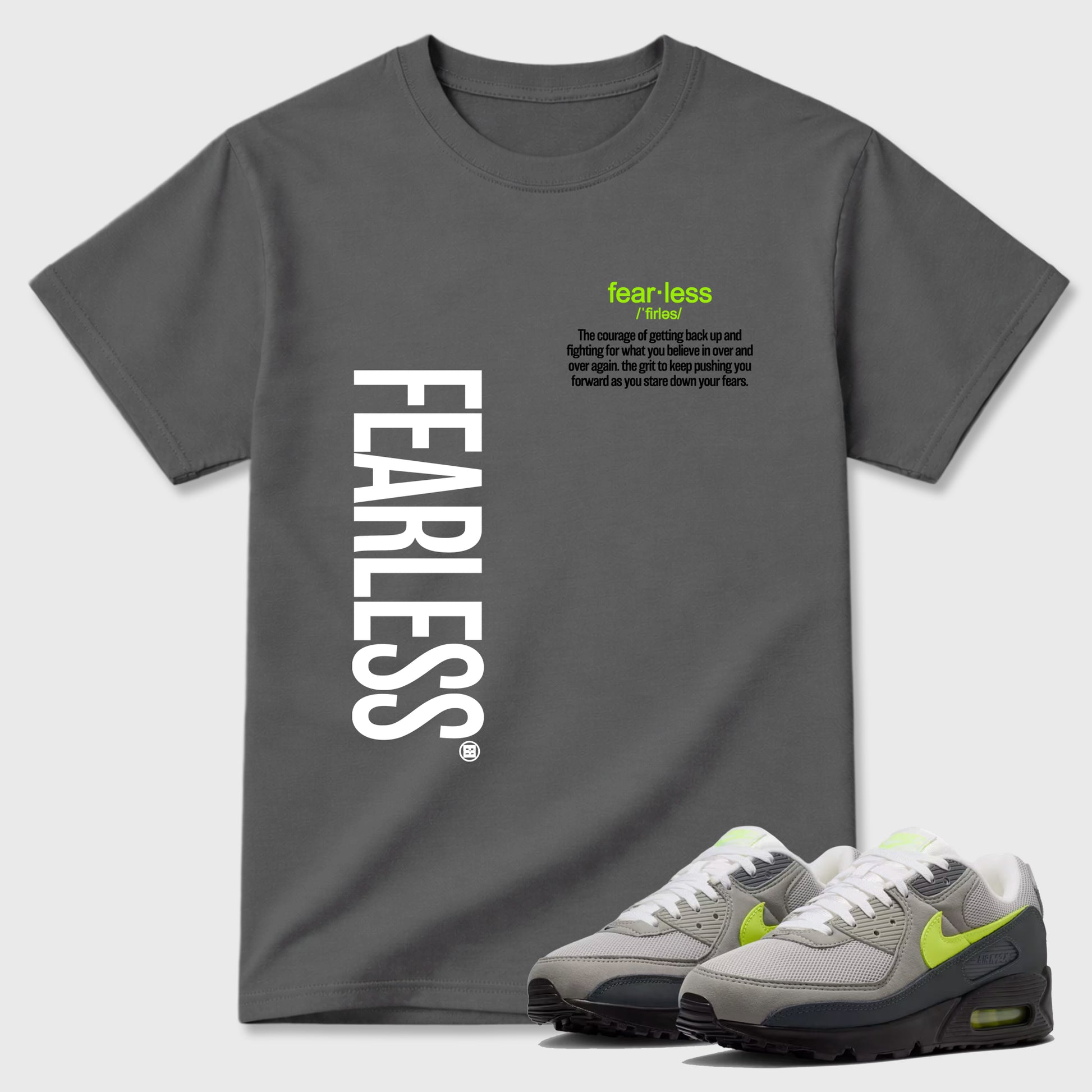 Sneaker match tees – Sneaker Tees To Match Air Max 90 Neon Yellow Shoes – Fearless Definition Tee Cool Grey 1