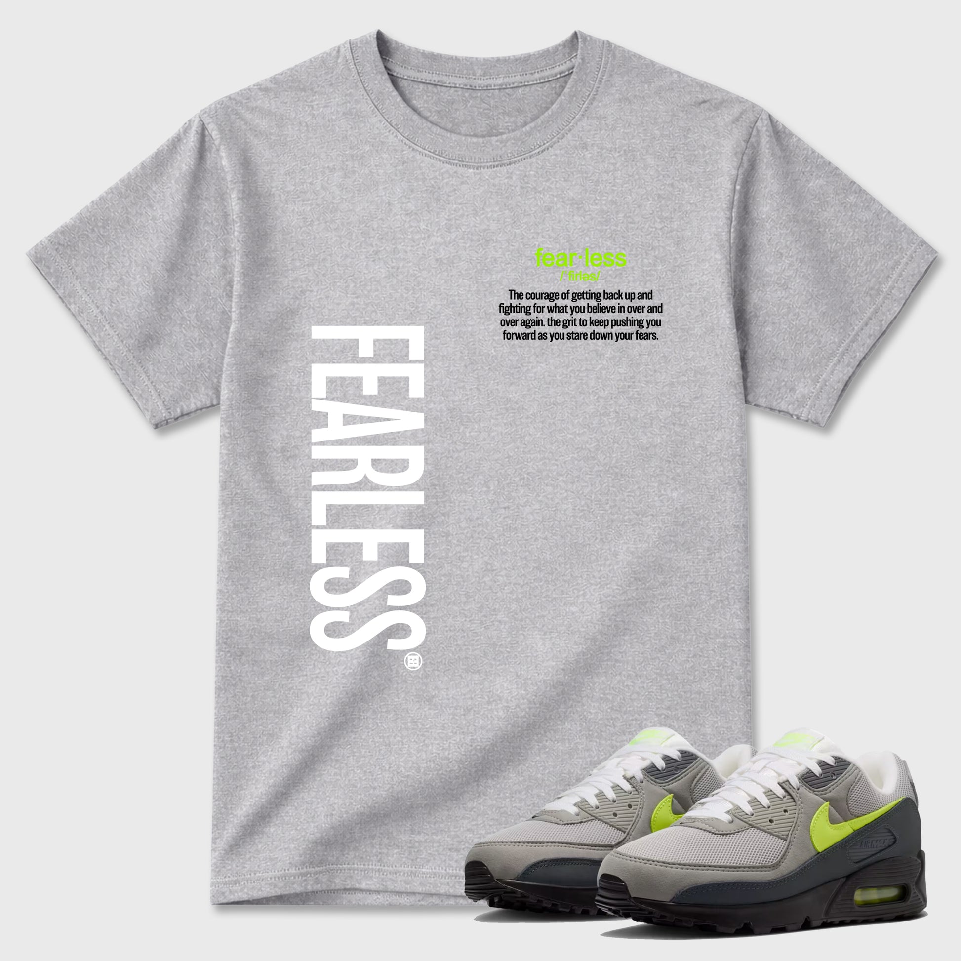 Sneaker match tees – Sneaker Tees To Match Air Max 90 Neon Yellow Shoes – Fearless Definition Tee Heather Grey 1
