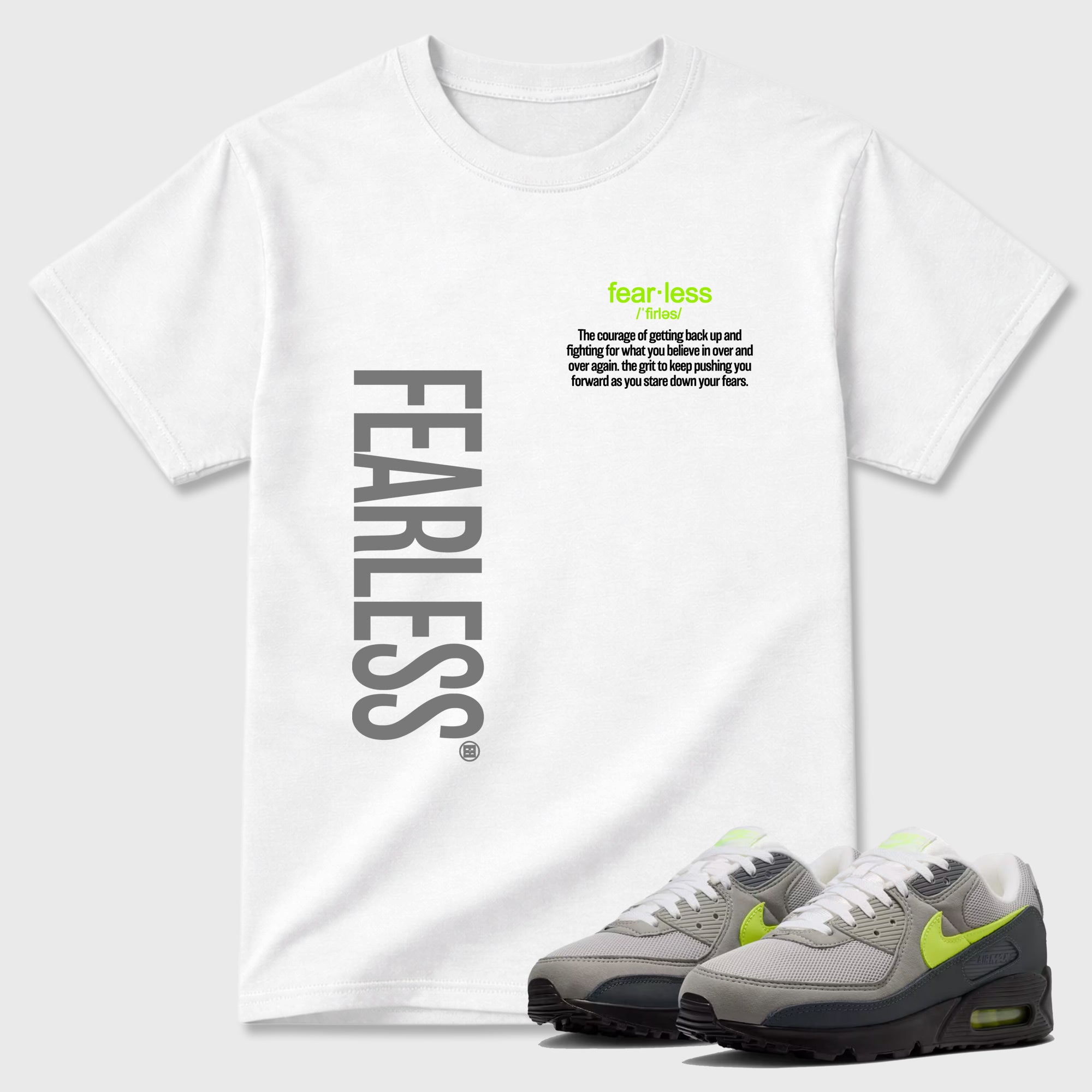 Sneaker match tees – Sneaker Tees To Match Air Max 90 Neon Yellow Shoes – Fearless Definition Tee White 1