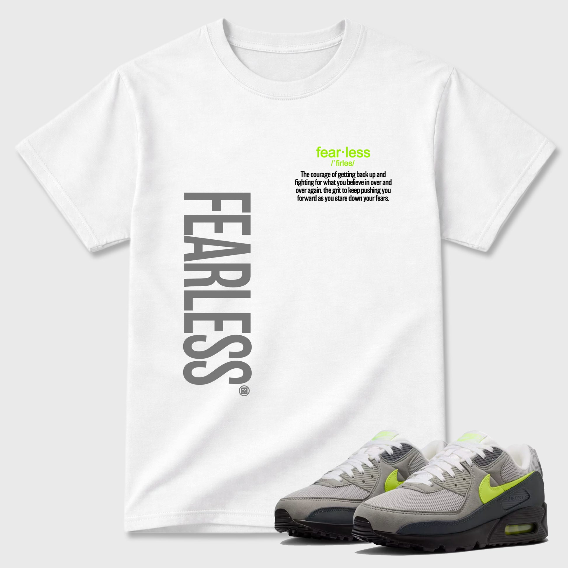Sneaker match tees – Sneaker Tees To Match Air Max 90 Neon Yellow Shoes – Fearless Definition Tee White 1