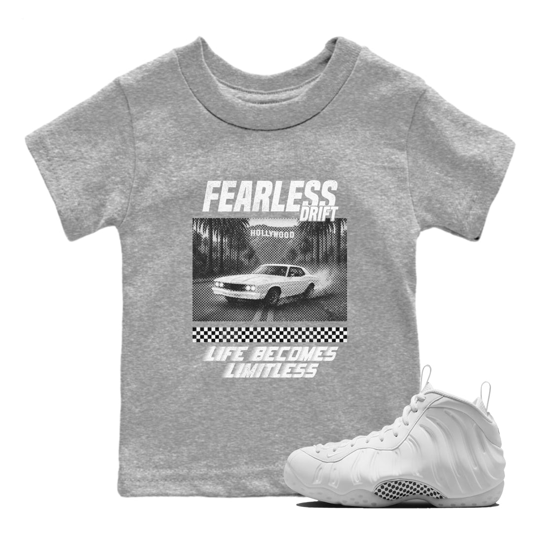Fearless Drift baby and kids t-shirt crafted for little sneakerheads to shine with the Air Foamposite One Triple White sneakers, displayed in Heather Grey 1.
