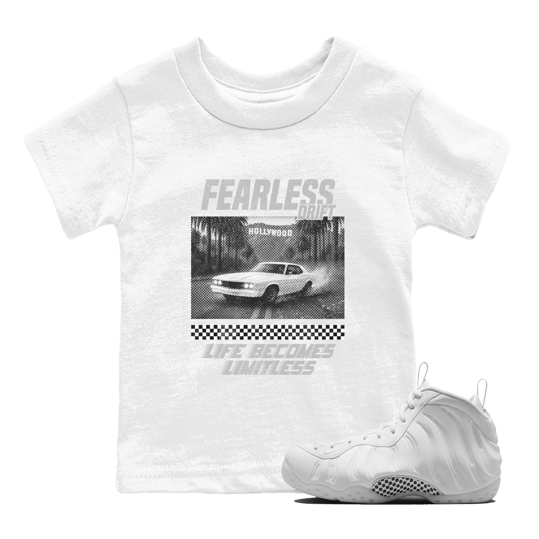 Fearless Drift baby and kids t-shirt crafted for little sneakerheads to shine with the Air Foamposite One Triple White sneakers, displayed in White 1.