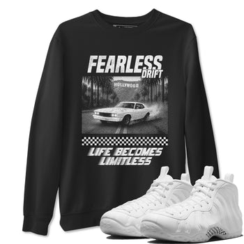 Fearless Drift sneaker match t-shirt styled to complete your fit with the Air Foamposite One Triple White sneakers, shown in Black 1.
