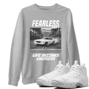 Fearless Drift sneaker match t-shirt styled to complete your fit with the Air Foamposite One Triple White sneakers, shown in Heather Grey 1.