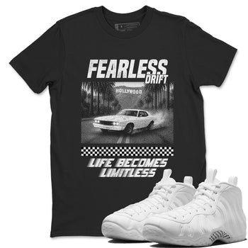 Fearless Drift sneaker match t-shirt styled to complete your fit with the Air Foamposite One Triple White sneakers, shown in Black 1.