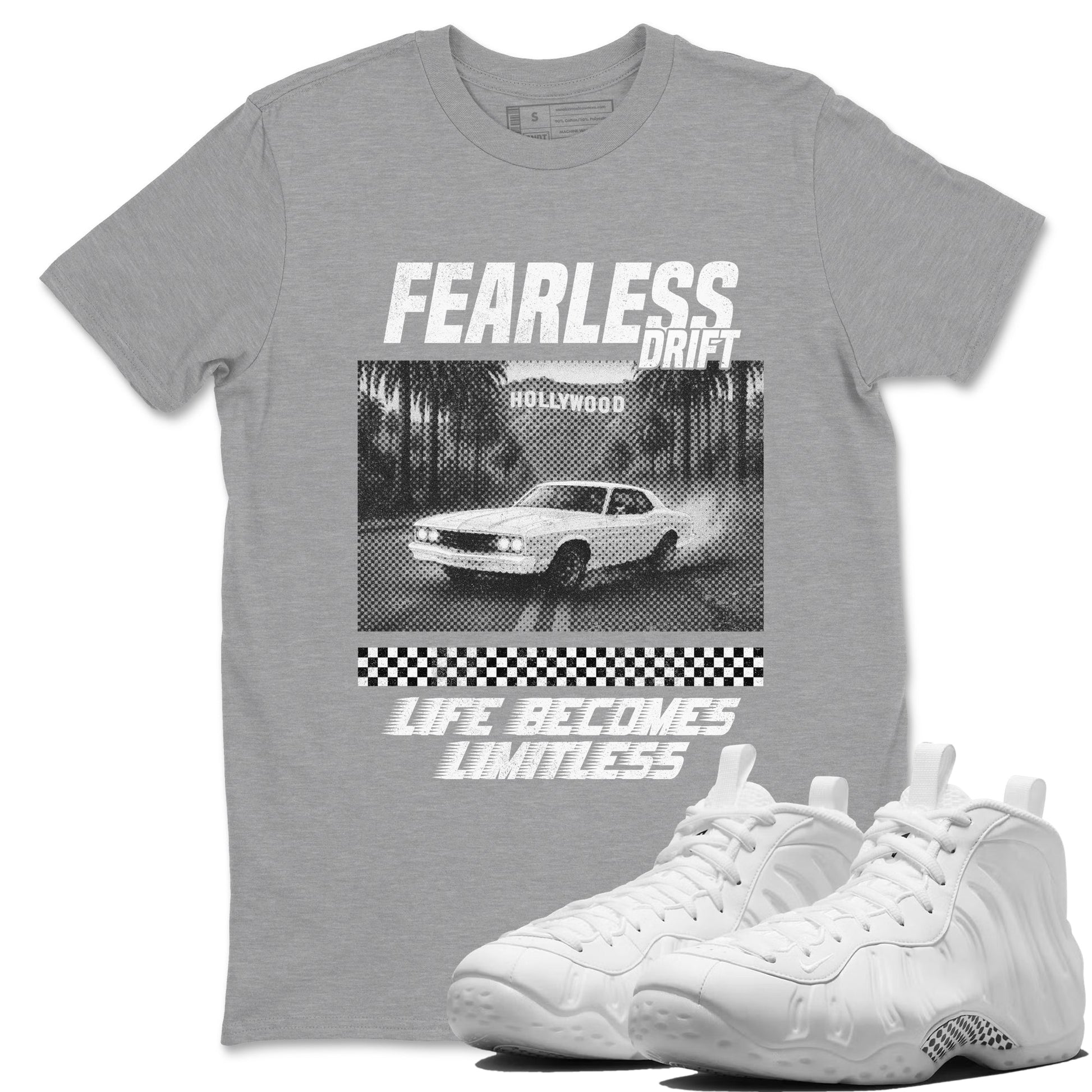 Fearless Drift sneaker match t-shirt styled to complete your fit with the Air Foamposite One Triple White sneakers, shown in Heather Grey 1.
