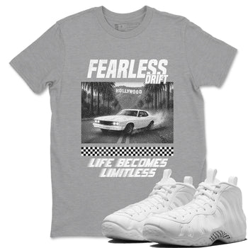 Fearless Drift sneaker match t-shirt styled to complete your fit with the Air Foamposite One Triple White sneakers, shown in Heather Grey 1.