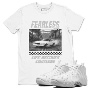 Fearless Drift sneaker match t-shirt styled to complete your fit with the Air Foamposite One Triple White sneakers, shown in White 1.