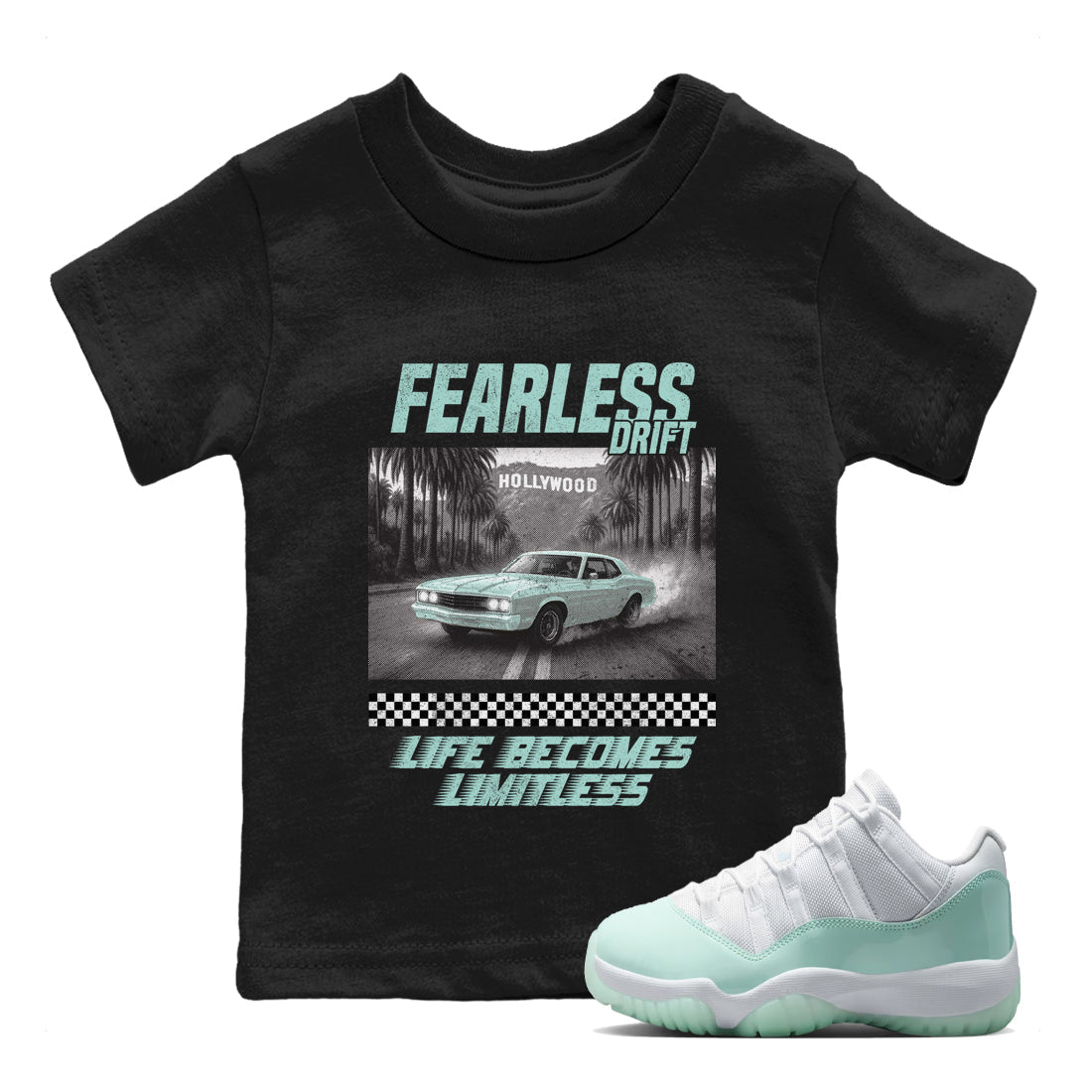 Fearless Drift baby and kids t-shirt crafted for little sneakerheads to shine with the Air Jordan 11 Igloo sneakers, displayed in Black 1.