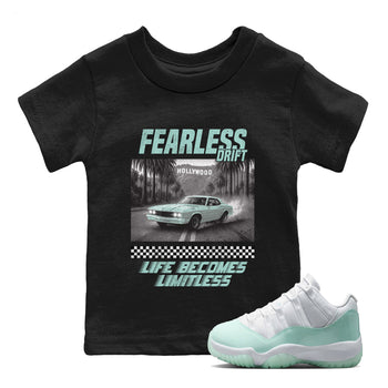 Fearless Drift baby and kids t-shirt crafted for little sneakerheads to shine with the Air Jordan 11 Igloo sneakers, displayed in Black 1.