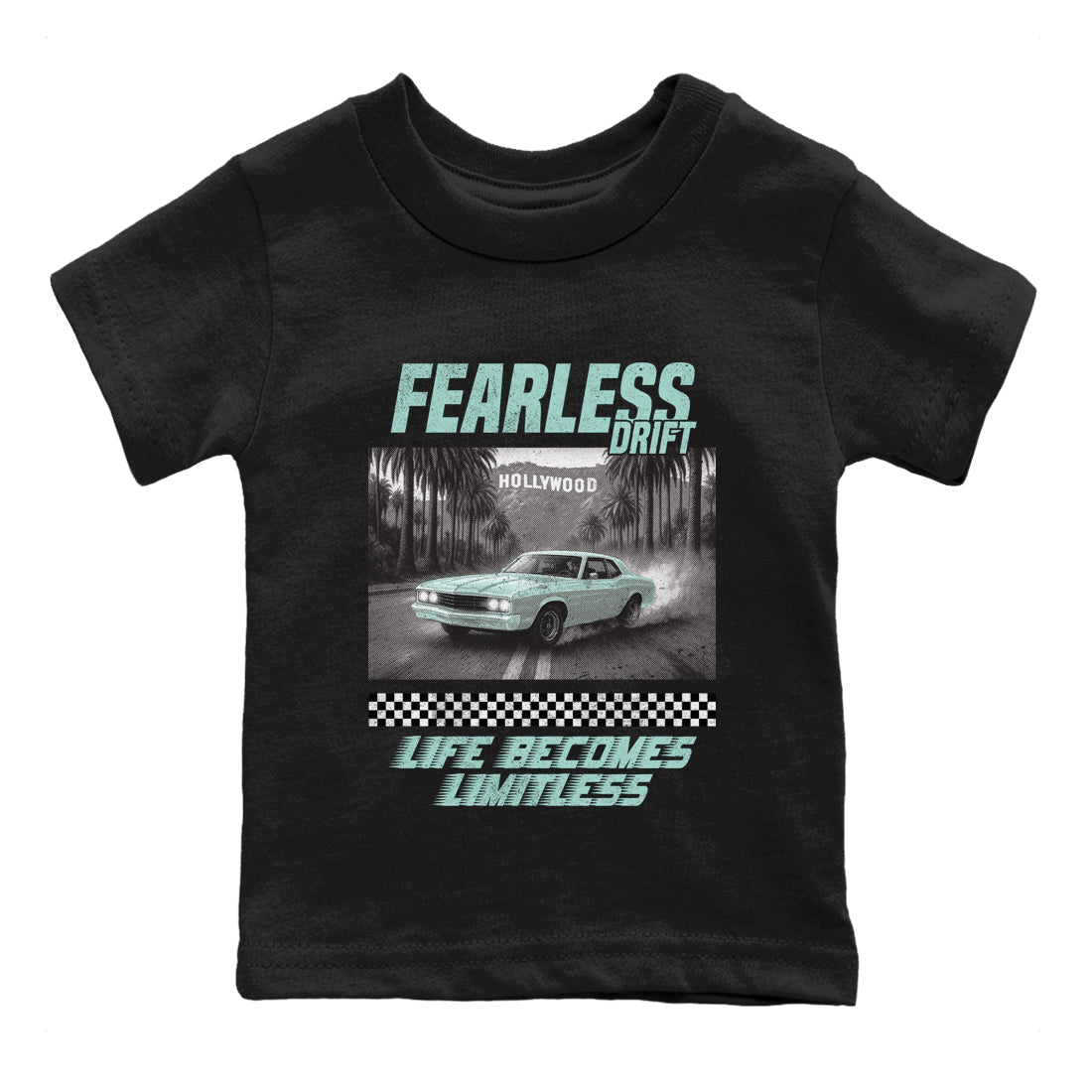 Fearless Drift baby and kids t-shirt crafted for little sneakerheads to shine with the Air Jordan 11 Igloo sneakers, displayed in Black 2.