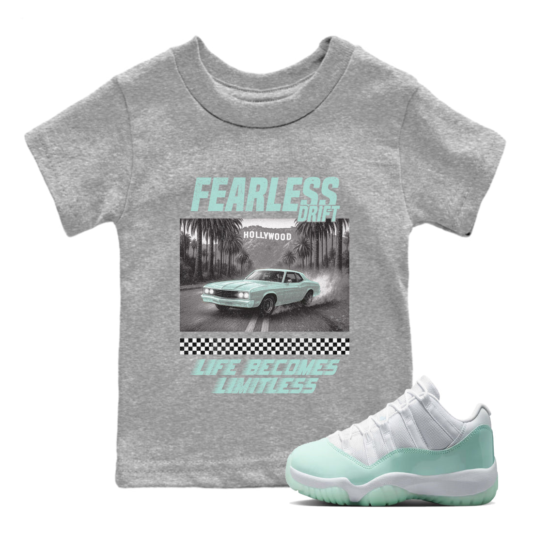Fearless Drift baby and kids t-shirt crafted for little sneakerheads to shine with the Air Jordan 11 Igloo sneakers, displayed in Heather Grey 1.