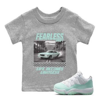 Fearless Drift baby and kids t-shirt crafted for little sneakerheads to shine with the Air Jordan 11 Igloo sneakers, displayed in Heather Grey 1.