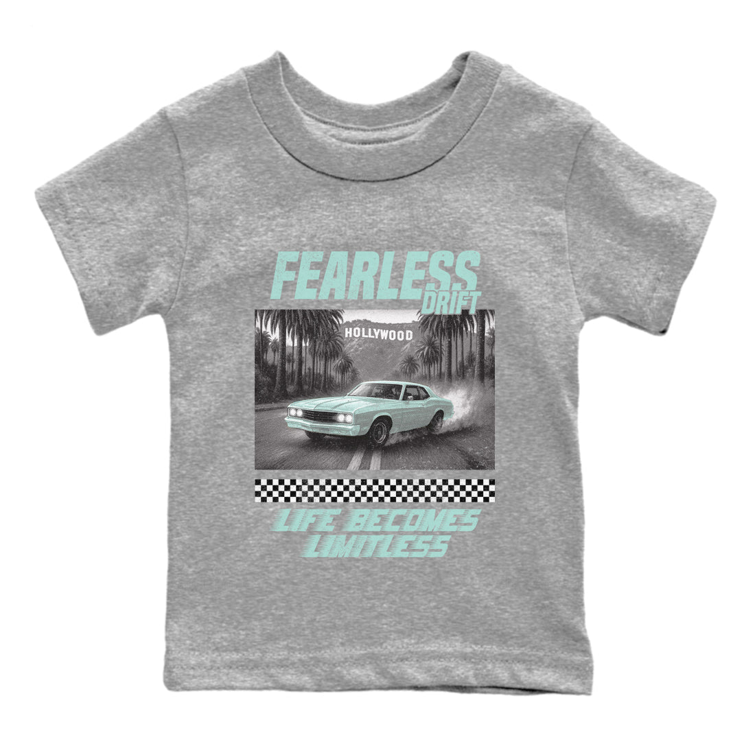 Fearless Drift baby and kids t-shirt crafted for little sneakerheads to shine with the Air Jordan 11 Igloo sneakers, displayed in Heather Grey 2.