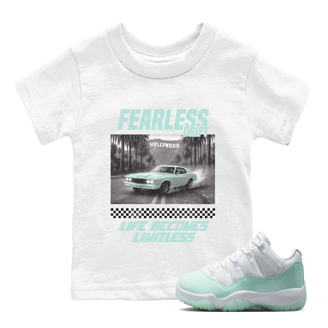 Fearless Drift baby and kids t-shirt crafted for little sneakerheads to shine with the Air Jordan 11 Igloo sneakers, displayed in White 1.
