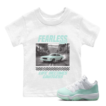 Fearless Drift baby and kids t-shirt crafted for little sneakerheads to shine with the Air Jordan 11 Igloo sneakers, displayed in White 1.