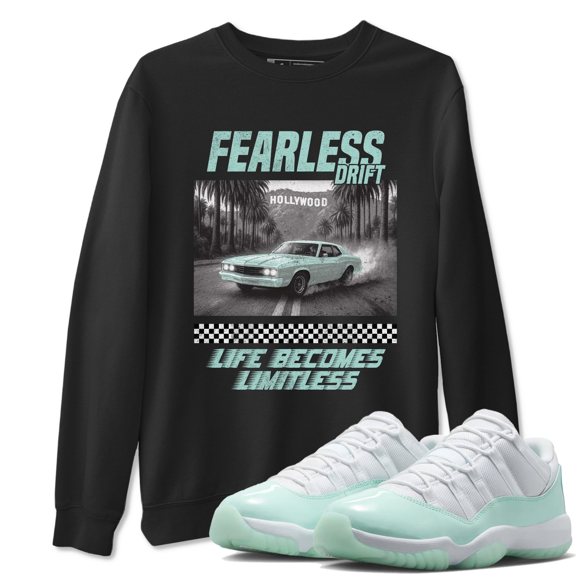 Fearless Drift sneaker match t-shirt styled to complete your fit with the Air Jordan 11 Igloo sneakers, shown in Black 1.