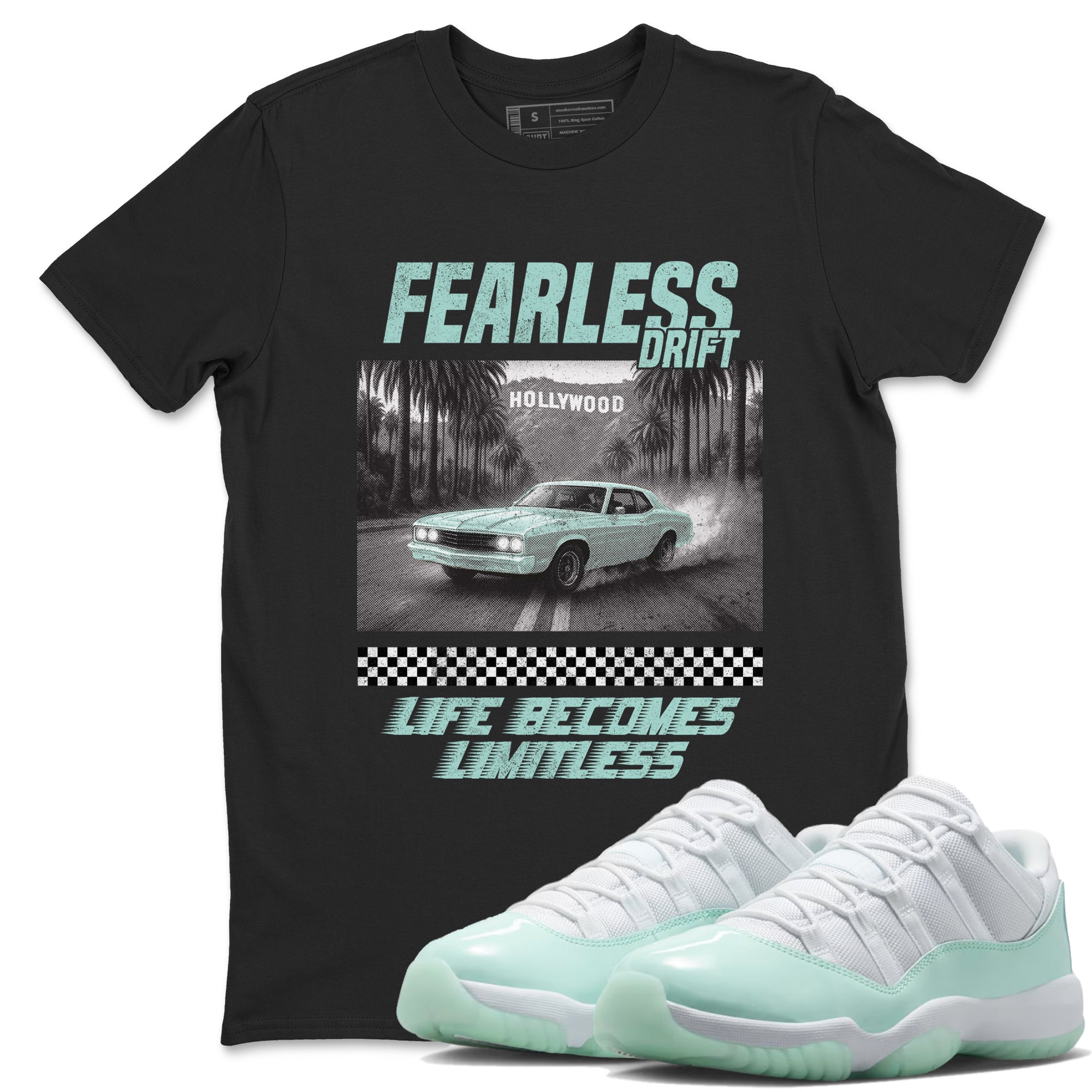 Fearless Drift sneaker match t-shirt styled to complete your fit with the Air Jordan 11 Igloo sneakers, shown in Black 1.