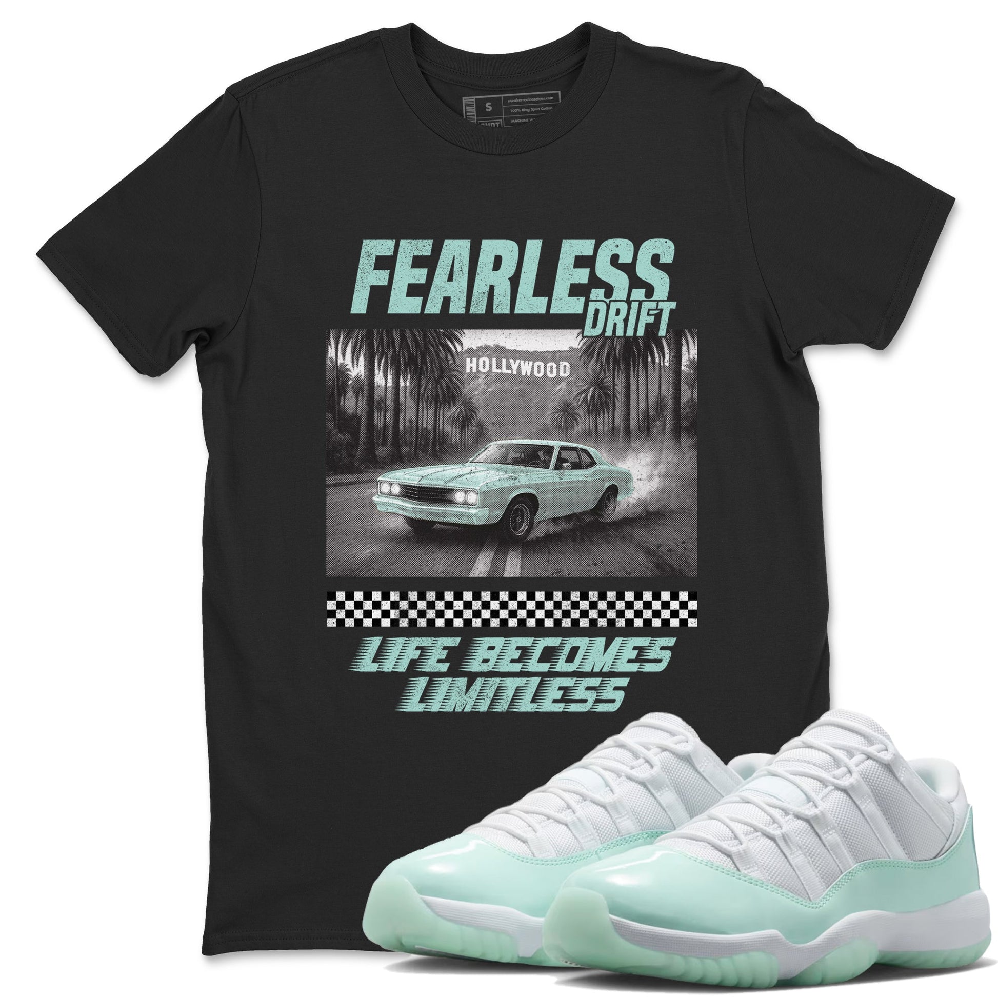 Fearless Drift sneaker match t-shirt styled to complete your fit with the Air Jordan 11 Igloo sneakers, shown in Black 1.